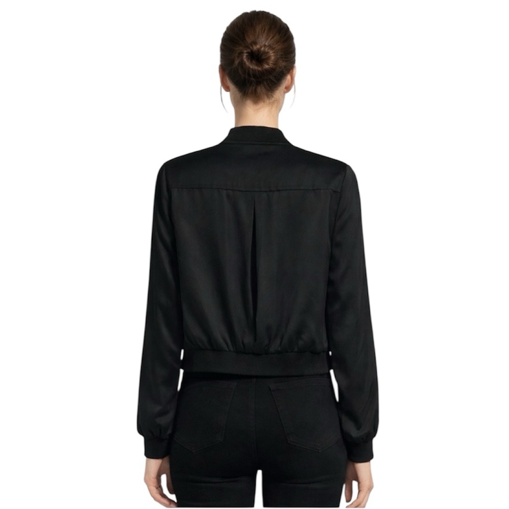 JENNIFER LOPEZ Black Satin Cropped Zip Up Bomber Jacket Size 8 | EUC - Picture 2 of 8